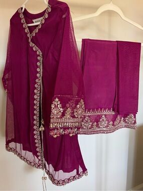 Maria B Kids 3-Piece Sharara Set Size 4-6 | Berry Pink Net Suit